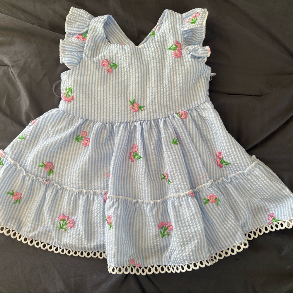 Blue Striped Kids Dress with Floral Embroidery